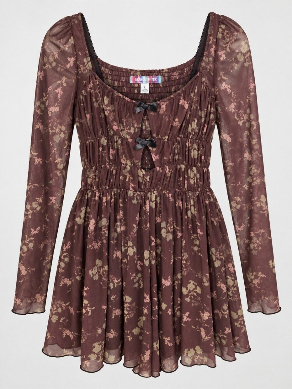 Urban Outfitters Diana Romper Women's L Brown Floral Mesh Long Sleeve Cutout Bow